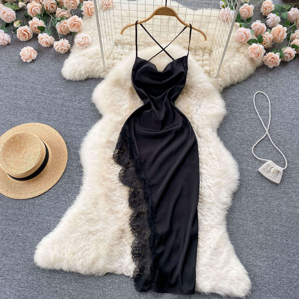 Satin Lace split hollow out suspender irregular dress female French Strapless celebrity sexy long skirt fashion