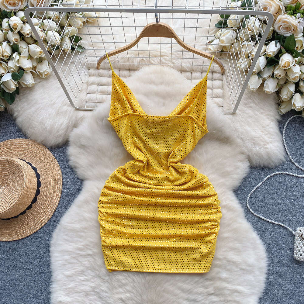 Nightclub womens light luxury sequin camisole dress womens scheming pleated slim fit short sexy buttocks skirt bottom skirt