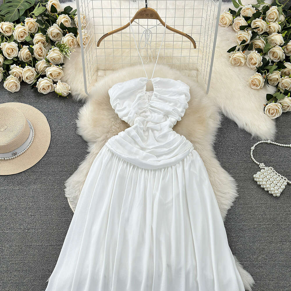 Celebrity temperament strapless neck hanging backless waist closing slimming mid length A-line chiffon dress seaside vacation long dress