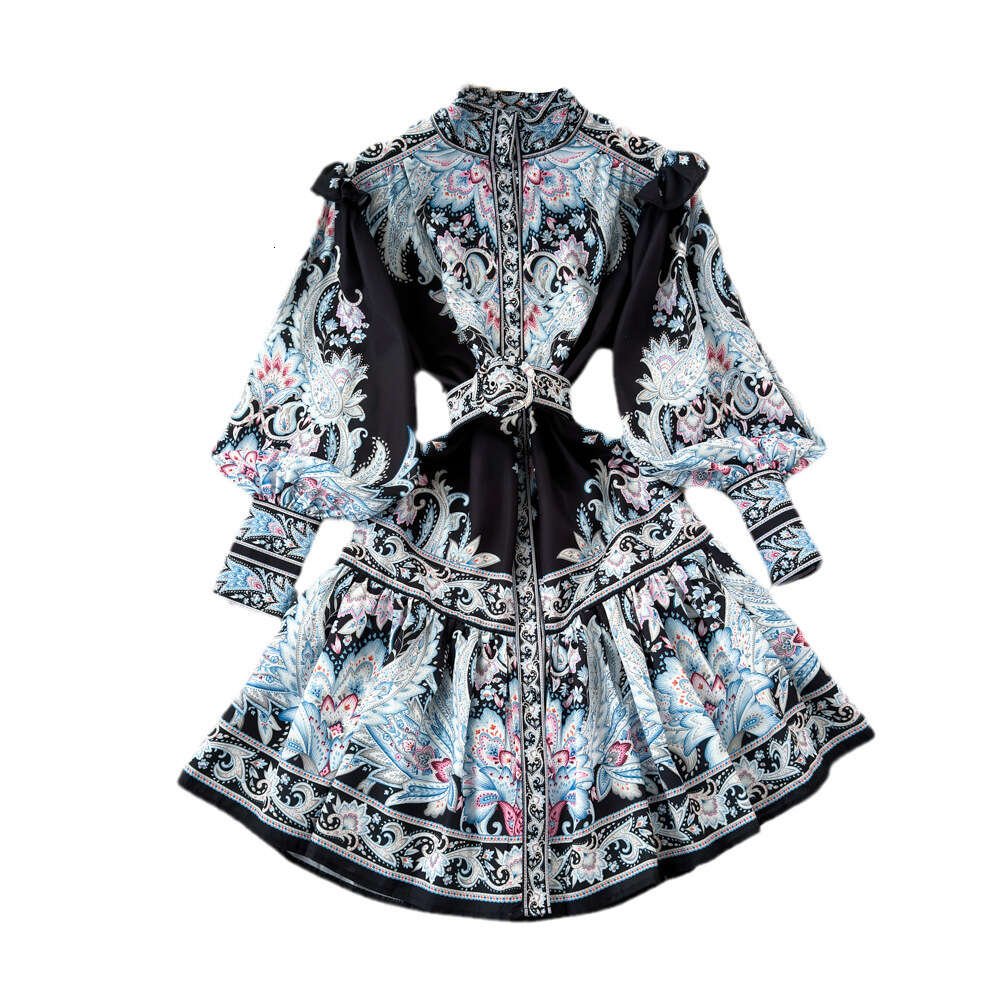 Spring and Autumn Elegant Lantern Long sleeved Standing Neck with Waist and Slim Appearance Single breasted A-line Positioning Printed Dress