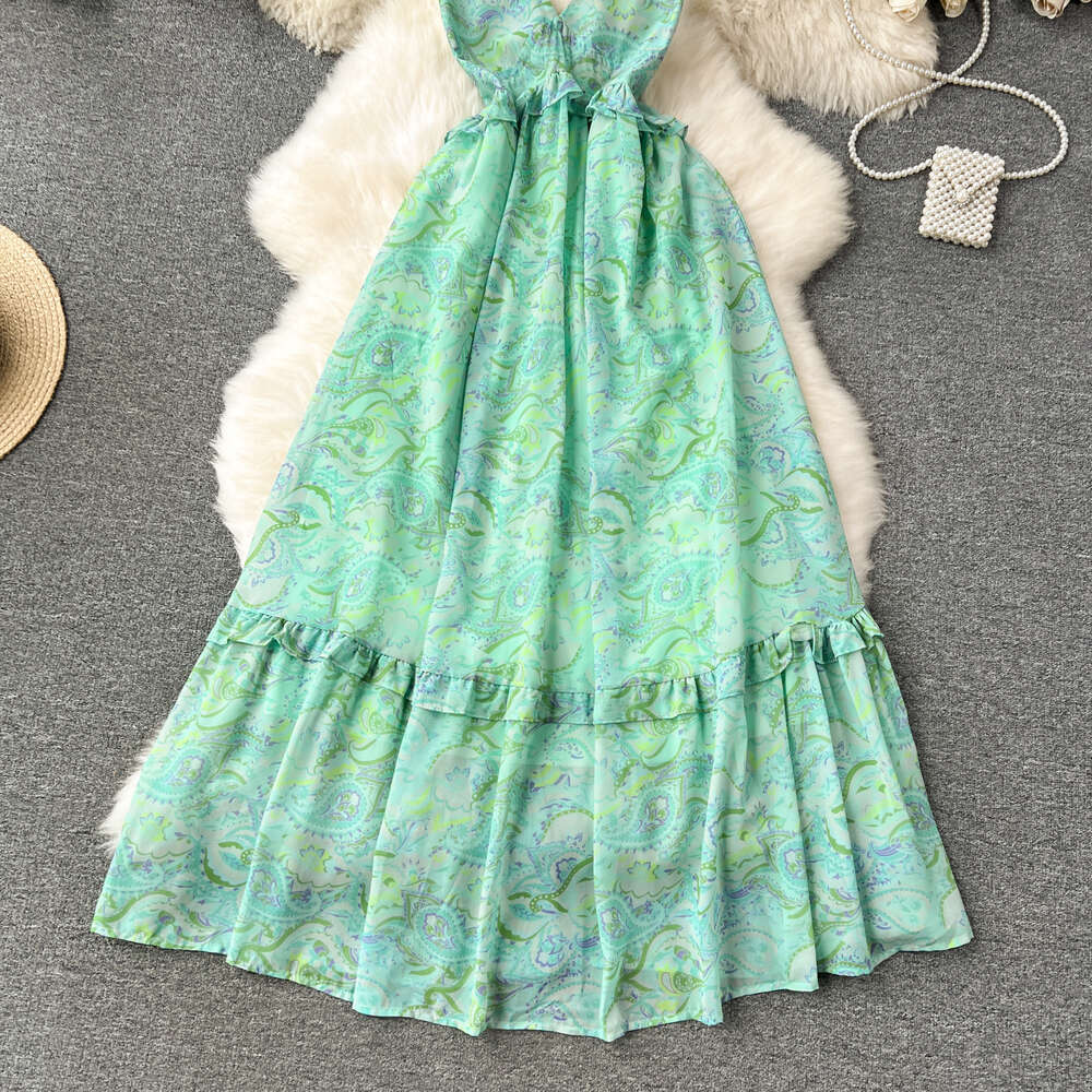 Tourism and vacation style dress feminine V-neck backless print strap skirt French seaside beach long skirt