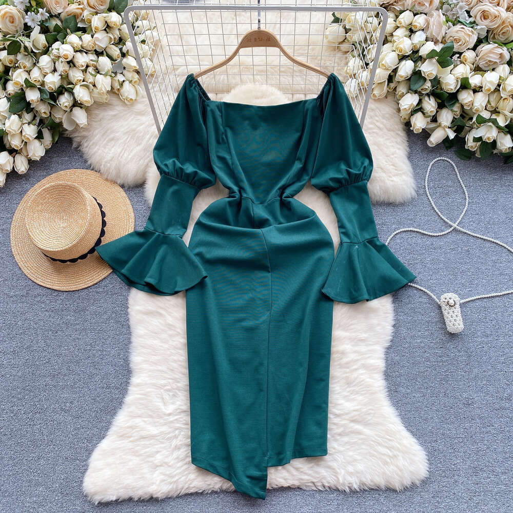 2024 New Early Spring Dress Womens Design Feeling Bubble Flare Sleeves Slim Fit Mid length Irregular Wrapped Hip Skirt
