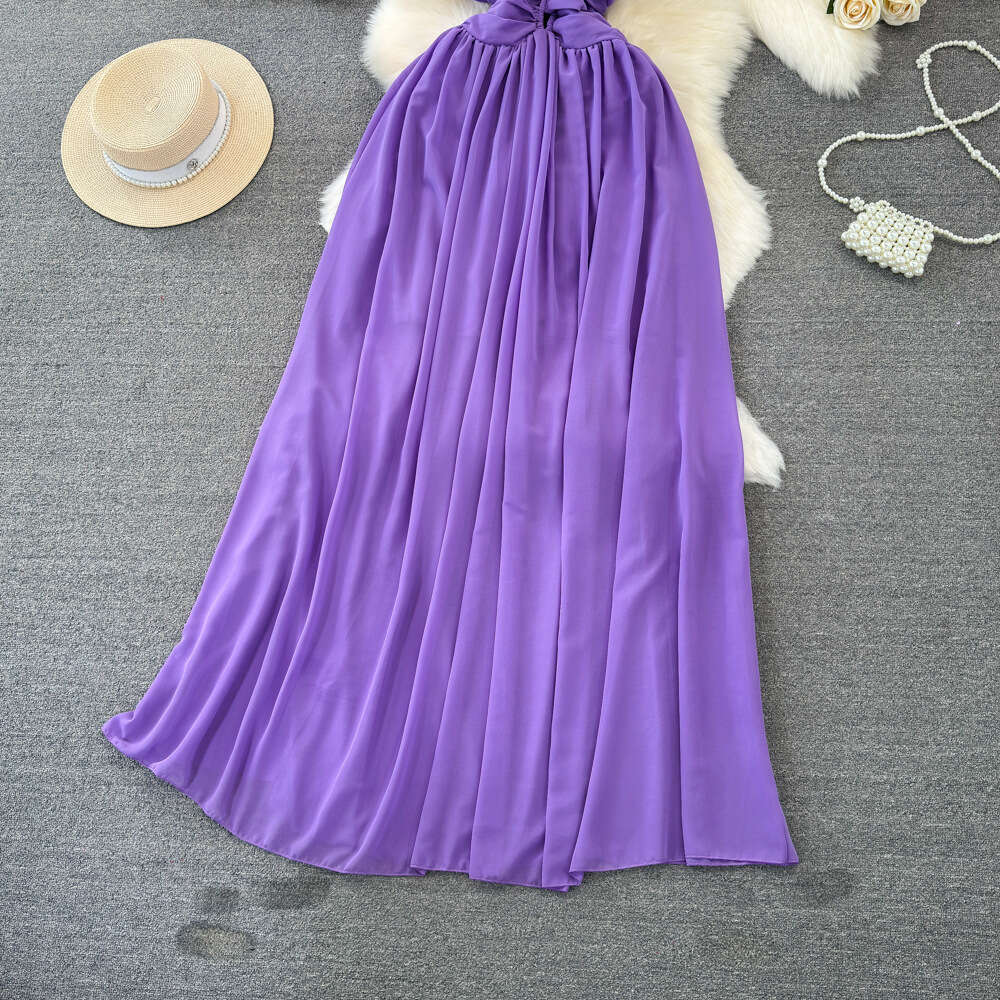 Gentle style hanging neck exposed back waist slimming A-line large hem dress seaside vacation beach dress elegant long skirt