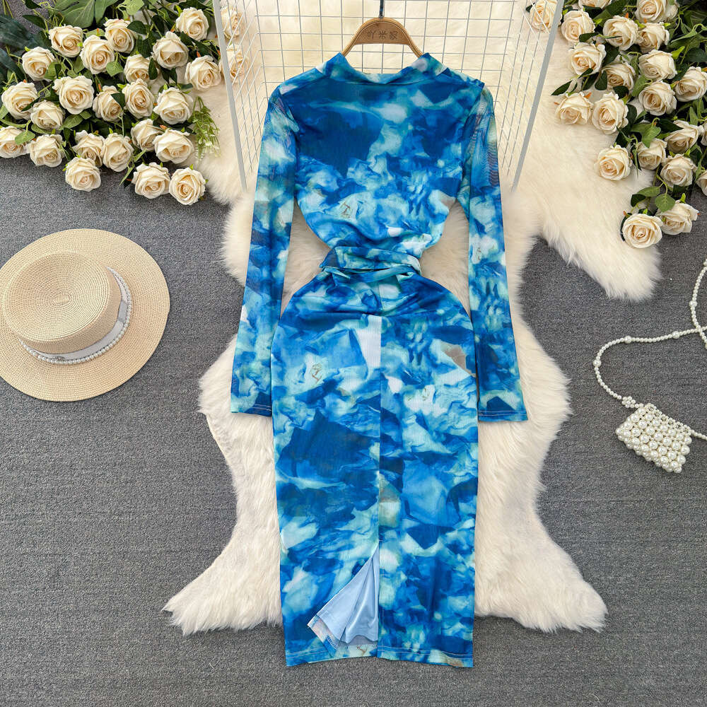Feminine and socialite temperament long sleeved V-neck with waistband and slimming effect medium length halo dyed printed buttocks wrapped bottom dres