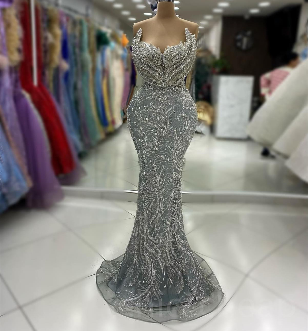 2024 Aso Ebi Plus Size Grey Mermaid Prom Dress Crystals Beaded Sequined Evening Formal Party Second Reception 50th Birthday Engagement Thanksgiving Go