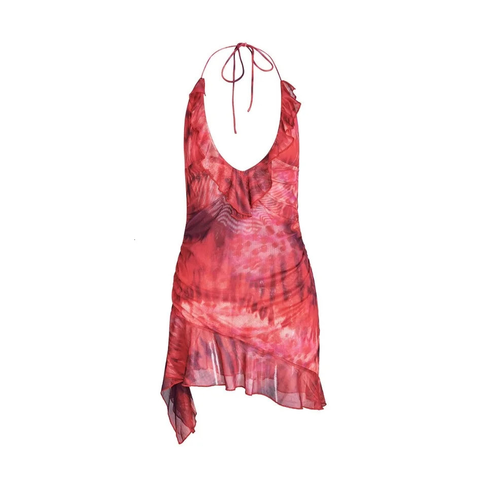 IAMGIA sexy V-neck irregular backless pleated ruffled lace and halter dress 240529