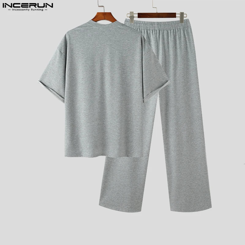 INCERUN Korean Style Mens Sets Small Neckline Loose Short Sleeved Tops Straight Pants Casual Solid Suit 2 Pieces S-5XL 240530