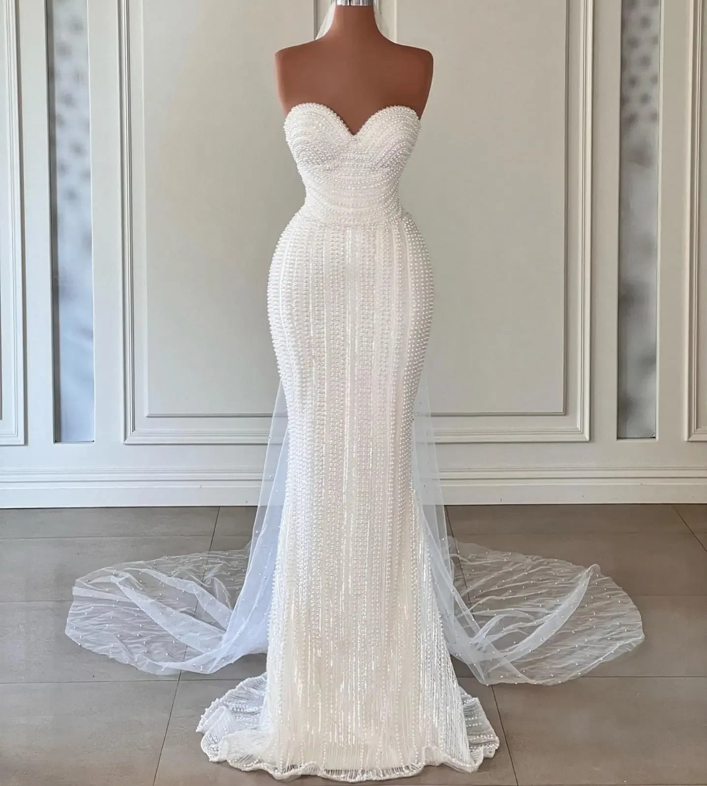 Arabic Aso Ebi Pearls Wedding Dress 2025 Luxurious Sweetheart Beaded Sequined Bridal Formal Bride Gowns Vestidos De Novia Customed