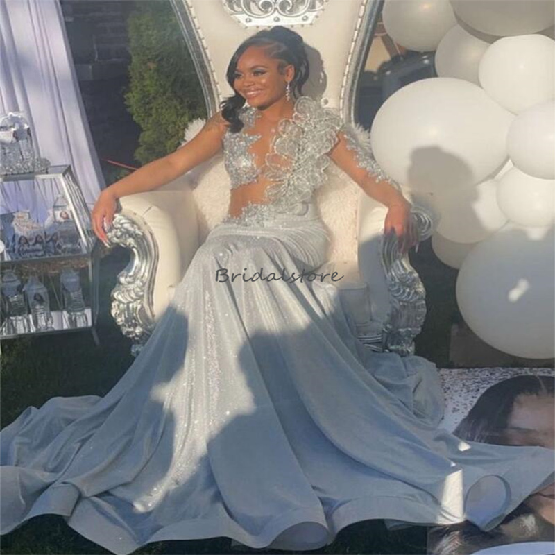 Stunning Silver Prom Dresses For Black Girls One Shoulder Long Sleeve Mermaid Evening Gowns Flowers Beaded Plus Size Formal Occasion Birthday Dress 20