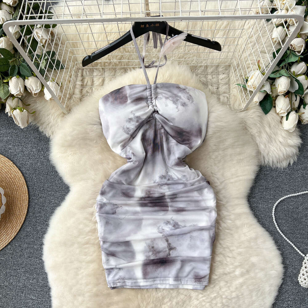 Pure Desire Wind 2024 New Dresses for Sweet and Spicy Girls with an Atmosphere Feeling Bra Neck Hanging Hip Wrapping and Mesh Vacation Dress