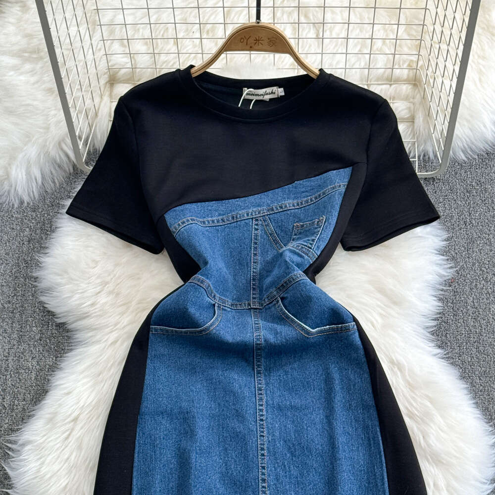 Summer Korean Fashion Fake Two piece Short sleeved Round Neck Waist Slimming Mid length A-line Spliced Denim Dress for Women