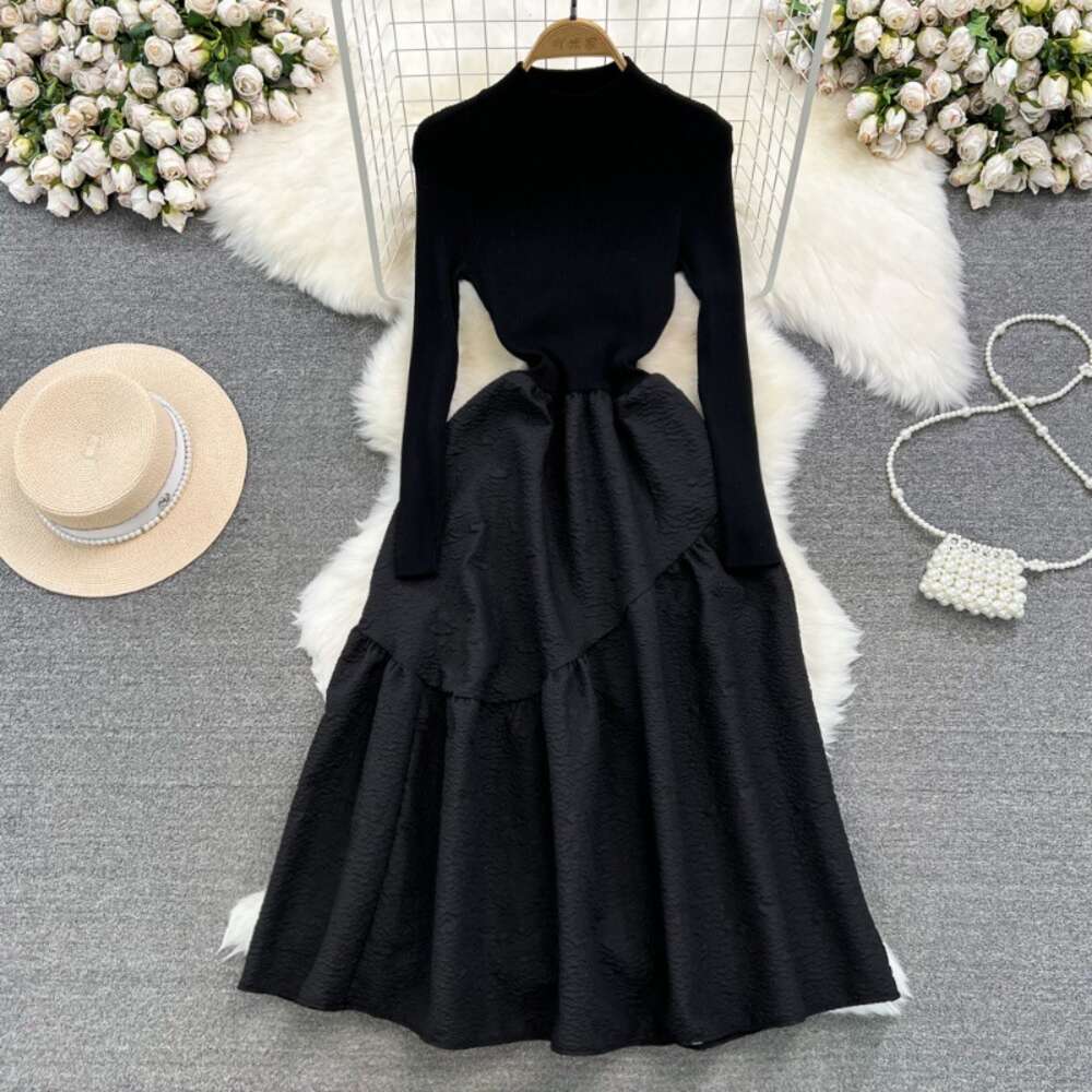 Autumn and Winter French Hepburn Style Long Sleeve Standing Neck Knitted Panel Waist Wrapped and Slim A-line Fluffy Jacquard Dress for Women