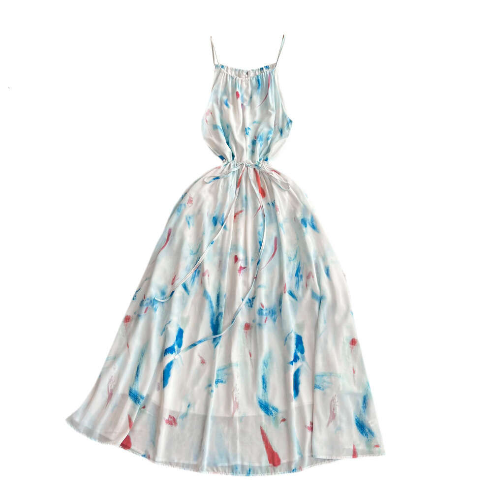 Gentle and socialite temperament slim waist mid length A-line printed strap dress seaside vacation beach skirt
