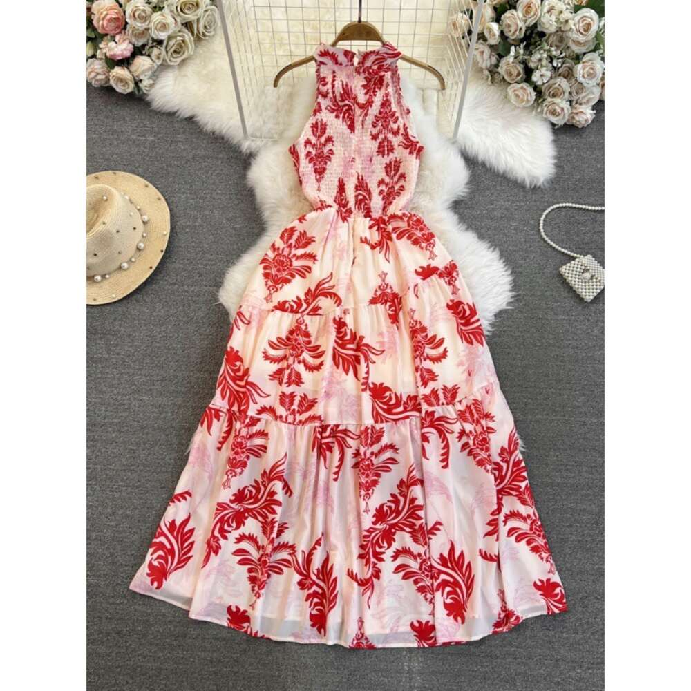 Beach Dress for Beach Vacation Fashionable Celebrity Elegant Style Hanging Neck Off Shoulder Waist Mid length A-line Printed Dress for Women