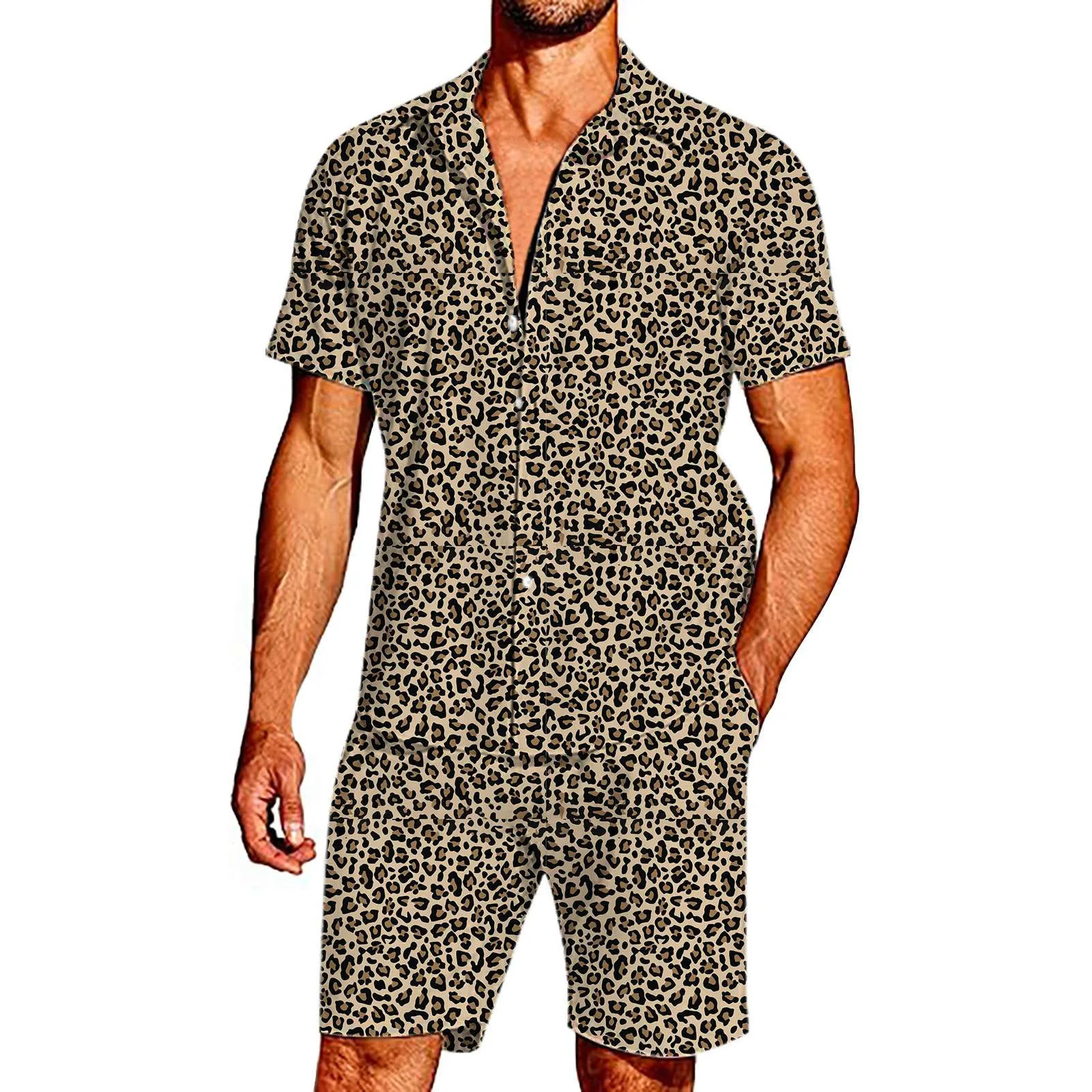 Fashion Summer Mens Tracksuit Short Sleeve Shirt Set Leopard Print Clothing 2 Pieces Casual Suit Streetwear Outfit 240530