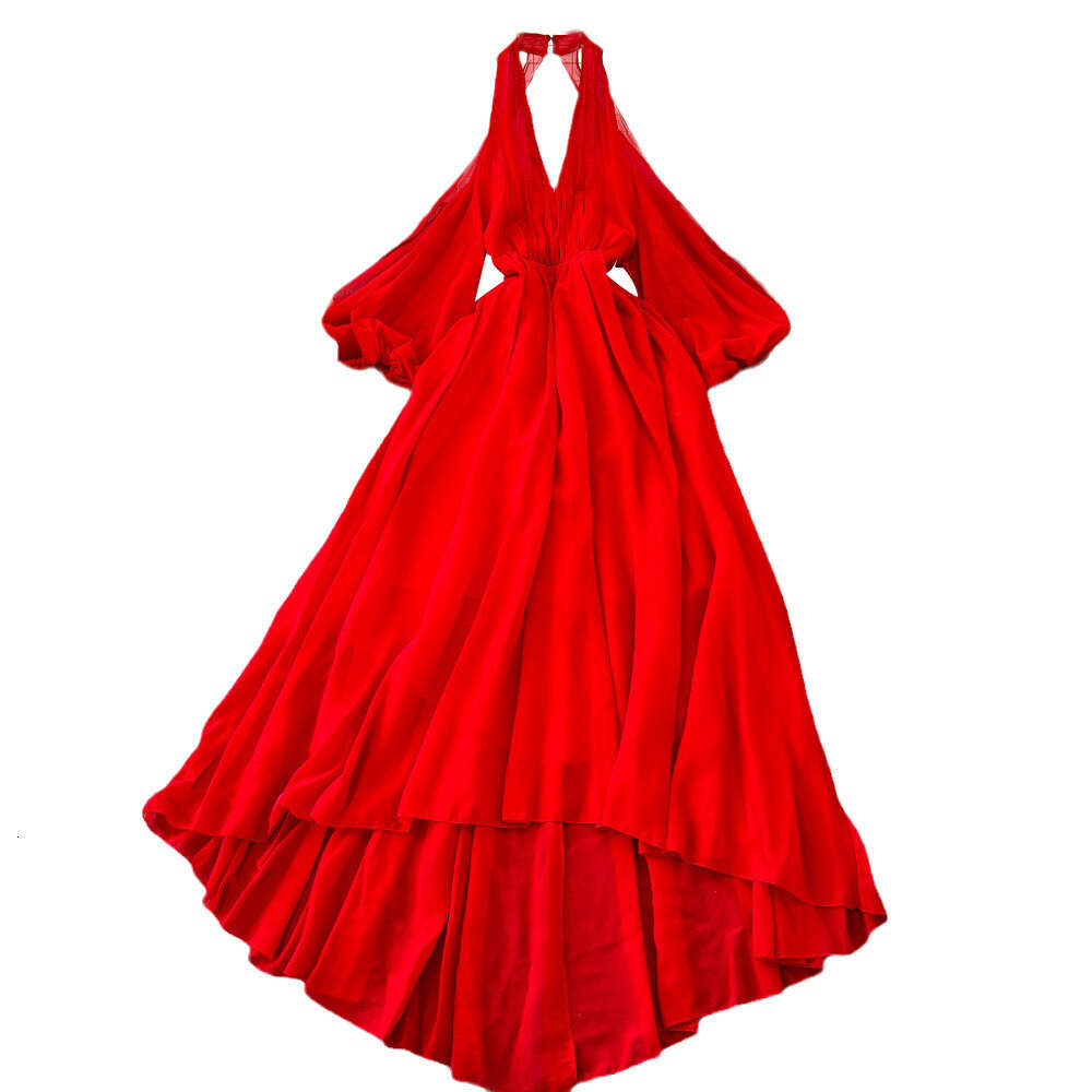 Seaside Travel Photography Super Immortal Vacation Long Dress with Hanging Neck Open Back Waist Wrapped A-line Tail Flowing and Flowing Chiffon Dress