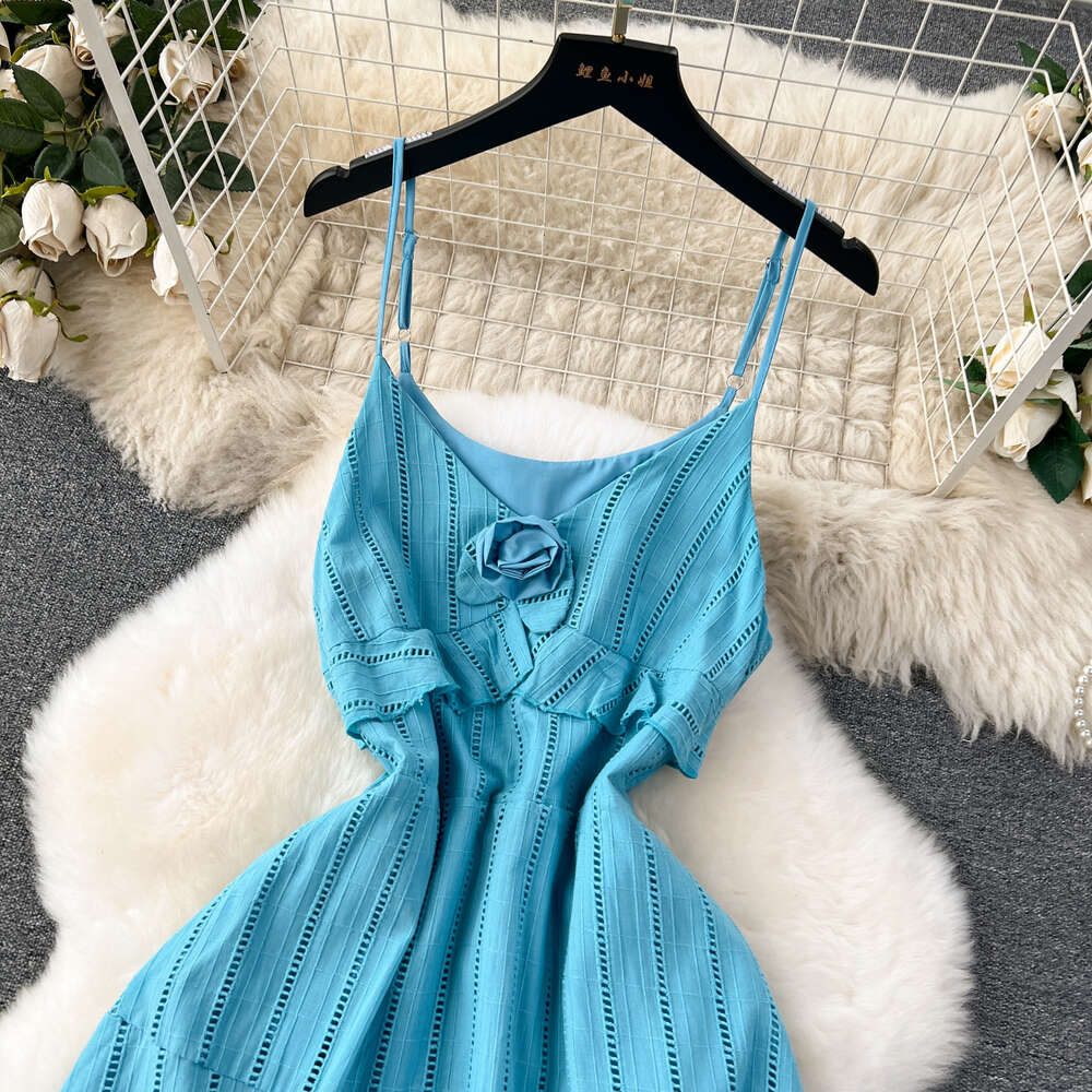 Sweet 3D V-neck with ruffled edges slim fit long vertical hollow holiday dress high-end feeling camisole dress for women