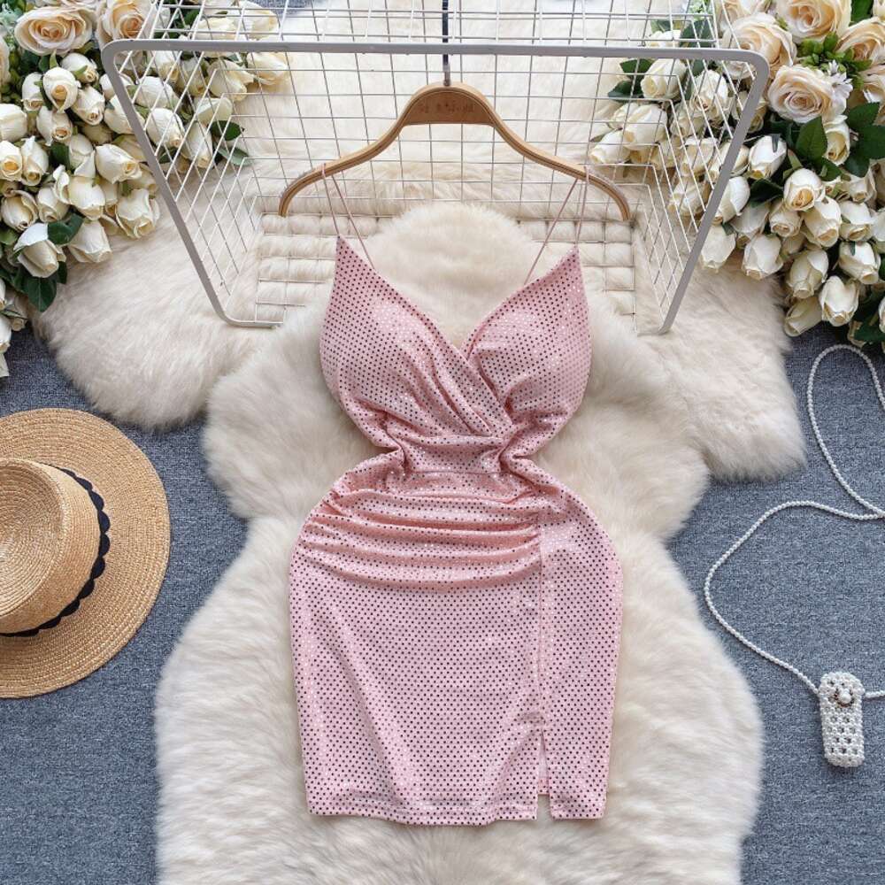 Nightclub womens clothing with scheming pleats slim waist sexy backless V-neck suspender dress light luxury sequin bottom skirt