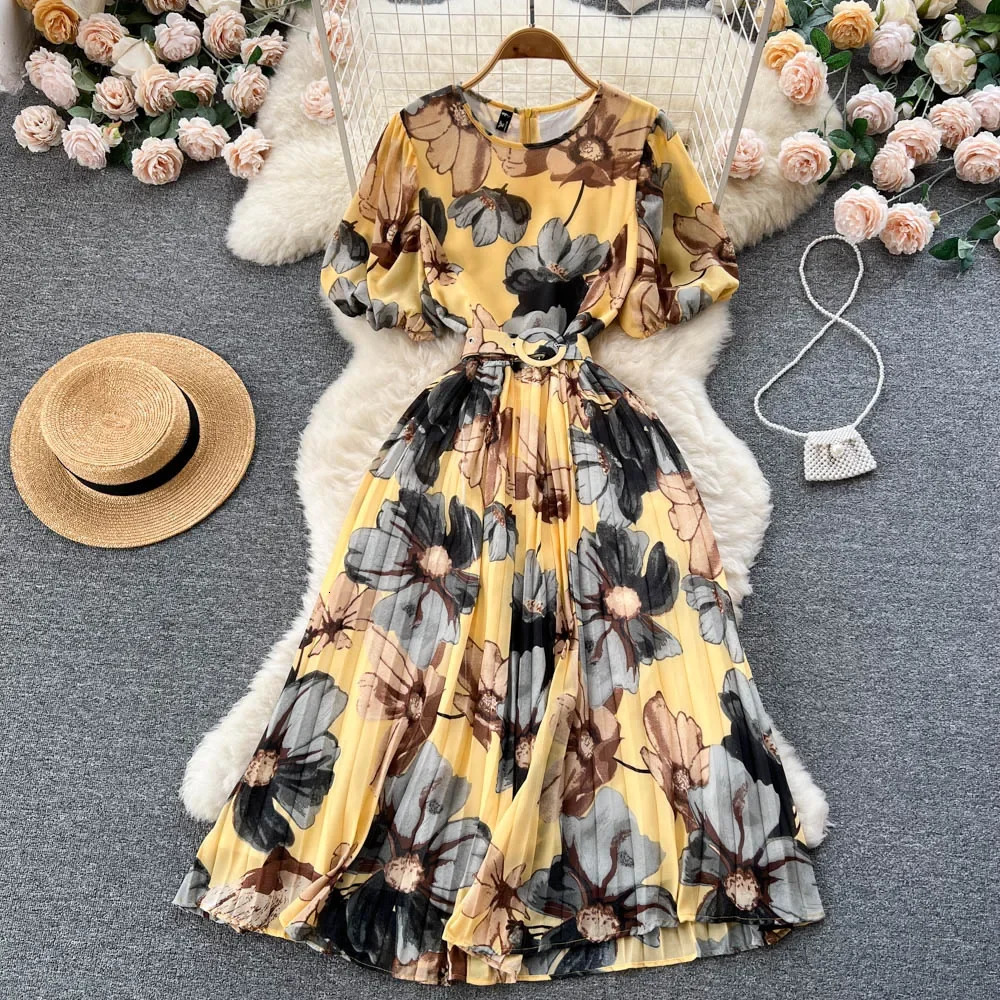 Summer Bohemian Women Tie Dye Printed Pleated Long Dress Boho O Neck Puff Sleeve High Waist Draped Maxi Vestido 240529