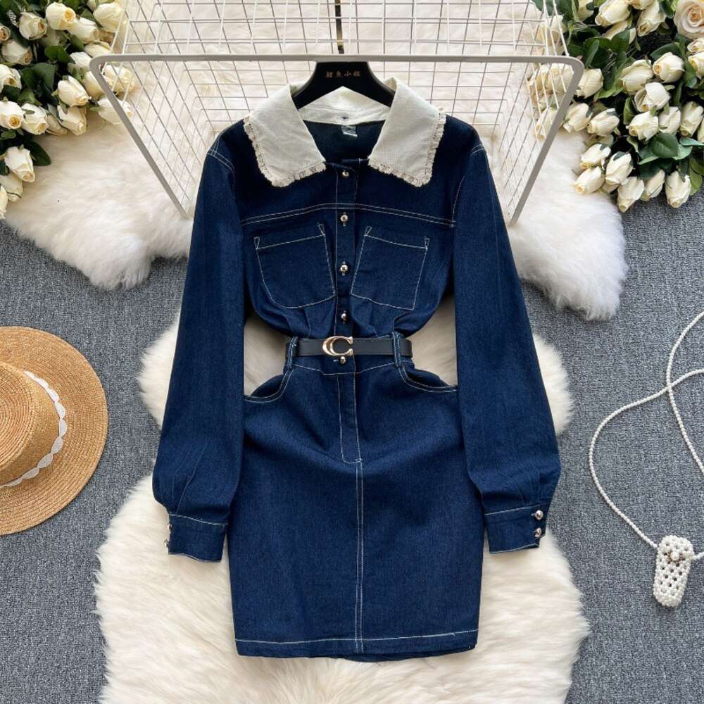 Korean version of womens dark blue denim dress with contrasting color collar slim fit short buttocks wrapped skirt