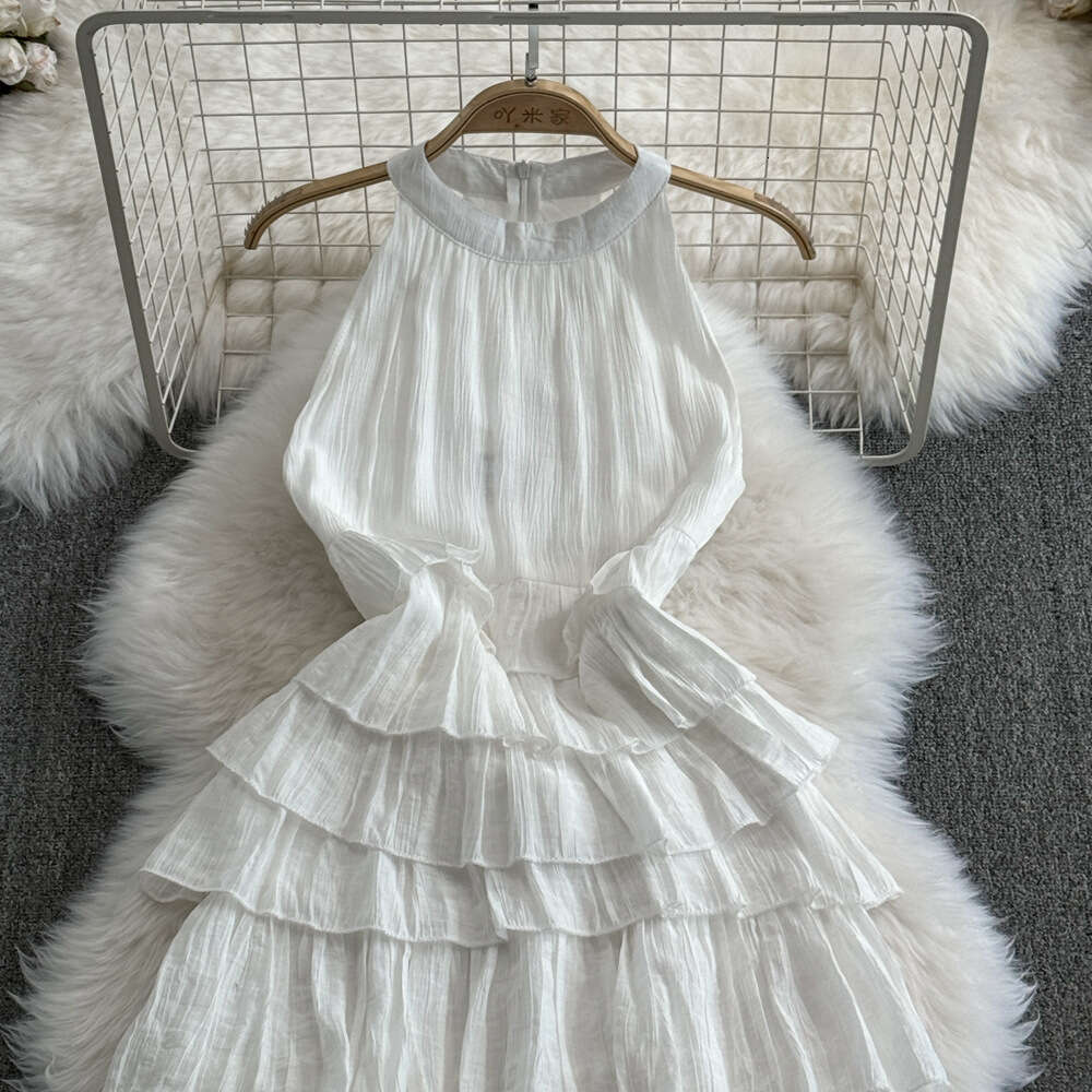 Fashionable and high-end socialite temperament hanging neck off shoulder waist slimming off medium length A-line ruffled edge cake dress