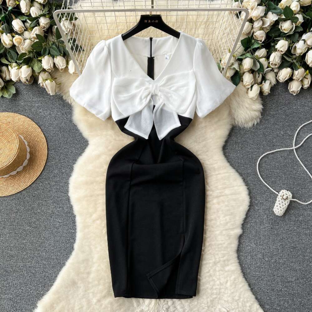Hepburn style French elegant dress womens summer haute couture socialite temperament bow tie bubble sleeve slim fitting dress