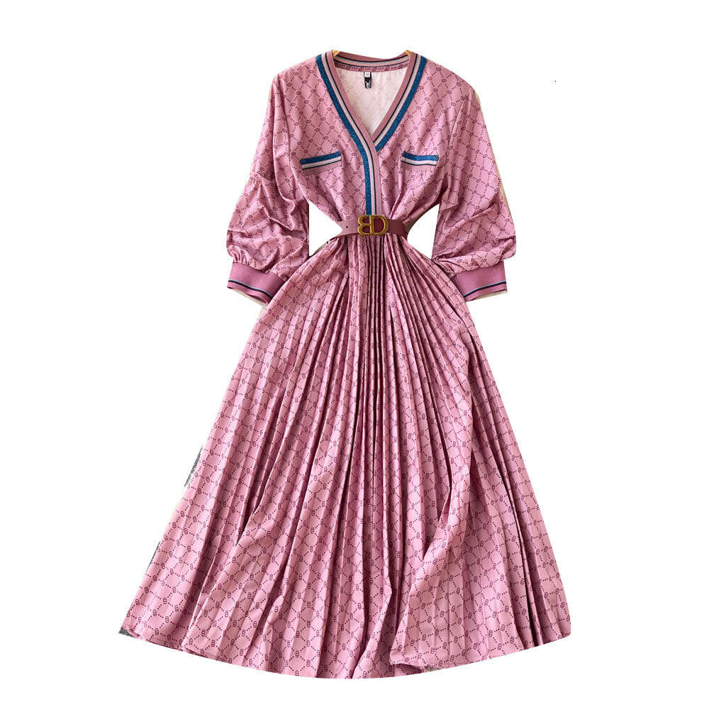2022 Autumn New Light Mature Style Fashion Print V-Neck Panel Pleated Contrast Color Dress Womens Big Swing Long Dress