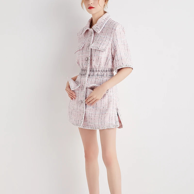 Autumn Women High Quality Tweed Short Dress Jacket Slim Waist Pocket Elegant Vintage Pink Single Breasted Dress Female S-L 240529