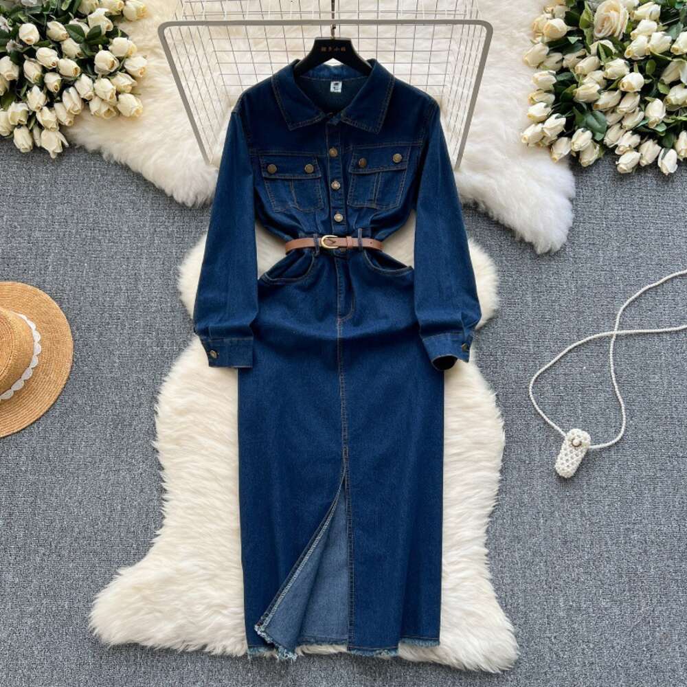 Deep blue denim dress womens design sense pocket buckle slim fit mid length slit over knee skirt