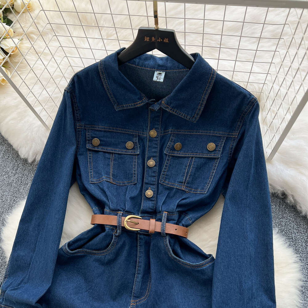 Deep blue denim dress womens design sense pocket buckle slim fit mid length slit over knee skirt