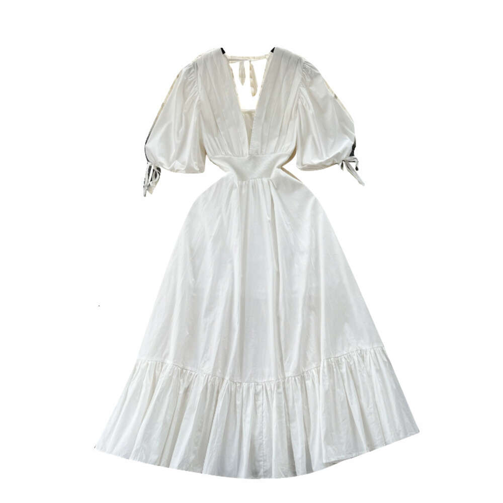 White Dress Womens 2024 New French Bubble Sleeves Luxury Pleated Deep V-neck Slim Fit Mid length Dress