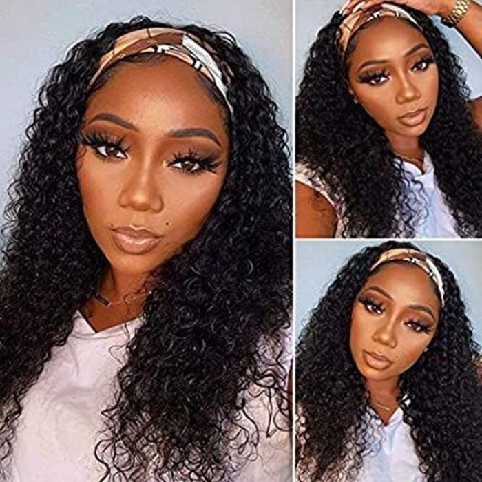New Headband Wigs for Black Women Human Hair Wigs 150%density None Lace Front Wigs Brazilian water wave curly Virgin Hair Machine Made Full Headband W