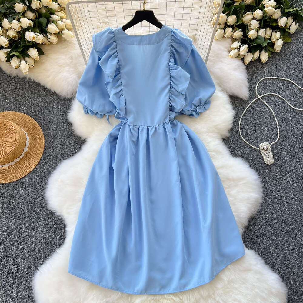 Korean style dress with sweet ruffled edges and V-neck straps for slimming waist and reducing age. New style for womens spring wear with bubble sleeve