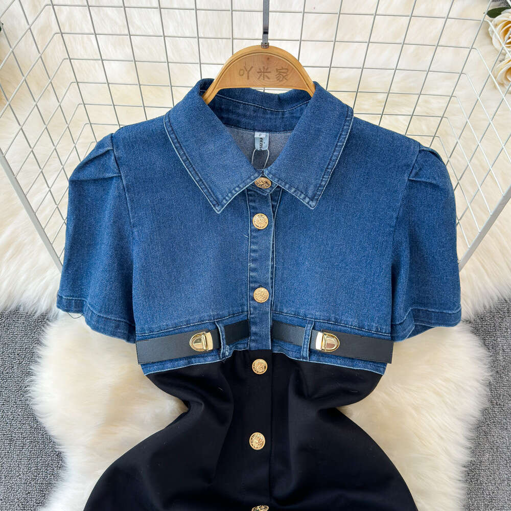 2024 Spring/Summer New Fashion Single breasted Sleeveless Waist Slimming Shirt Dress with Denim Splicing Style
