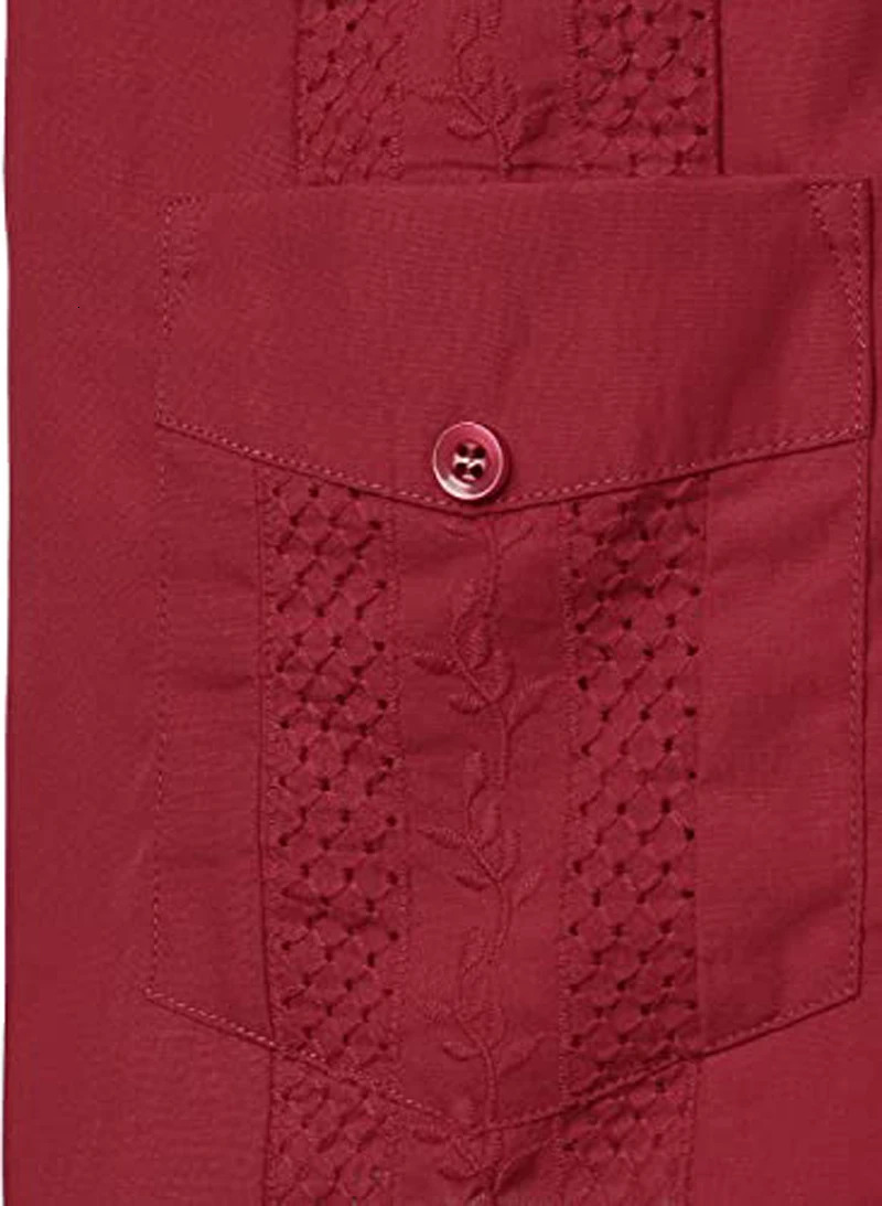 Wine Red Four-Pocket Cuban Guayabera Shirt Men Short Sleeve Camp Collar Shirt Male Embroidered Mexican Cigar Wedding Beach Shirt 240603