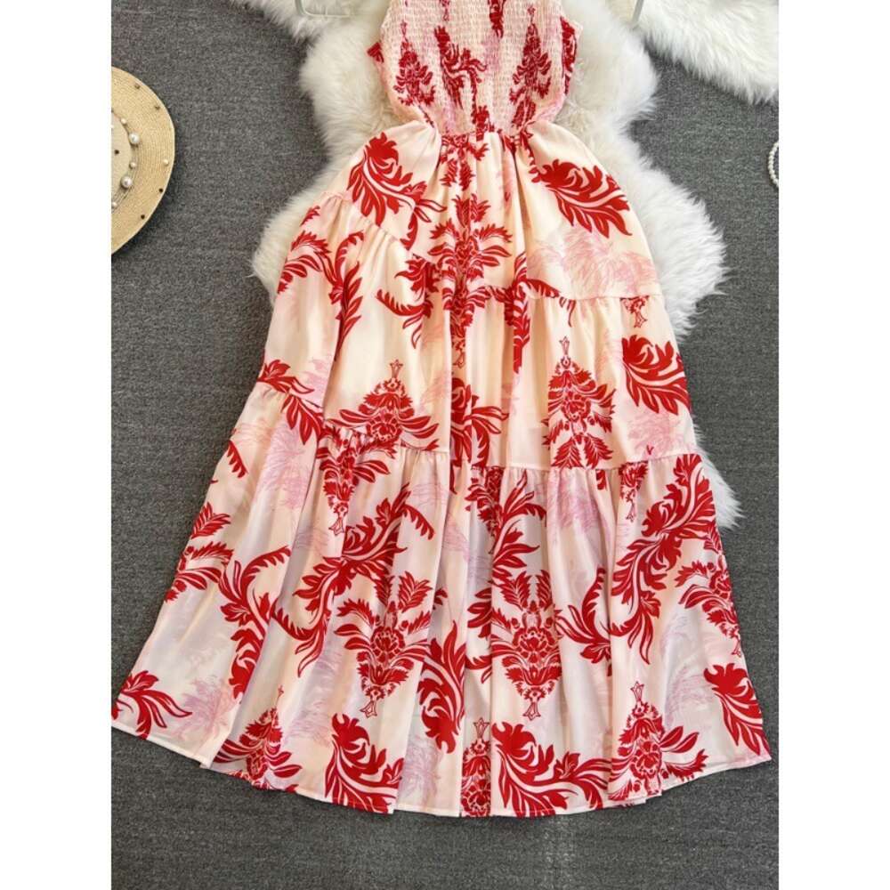 Beach Dress for Beach Vacation Fashionable Celebrity Elegant Style Hanging Neck Off Shoulder Waist Mid length A-line Printed Dress for Women
