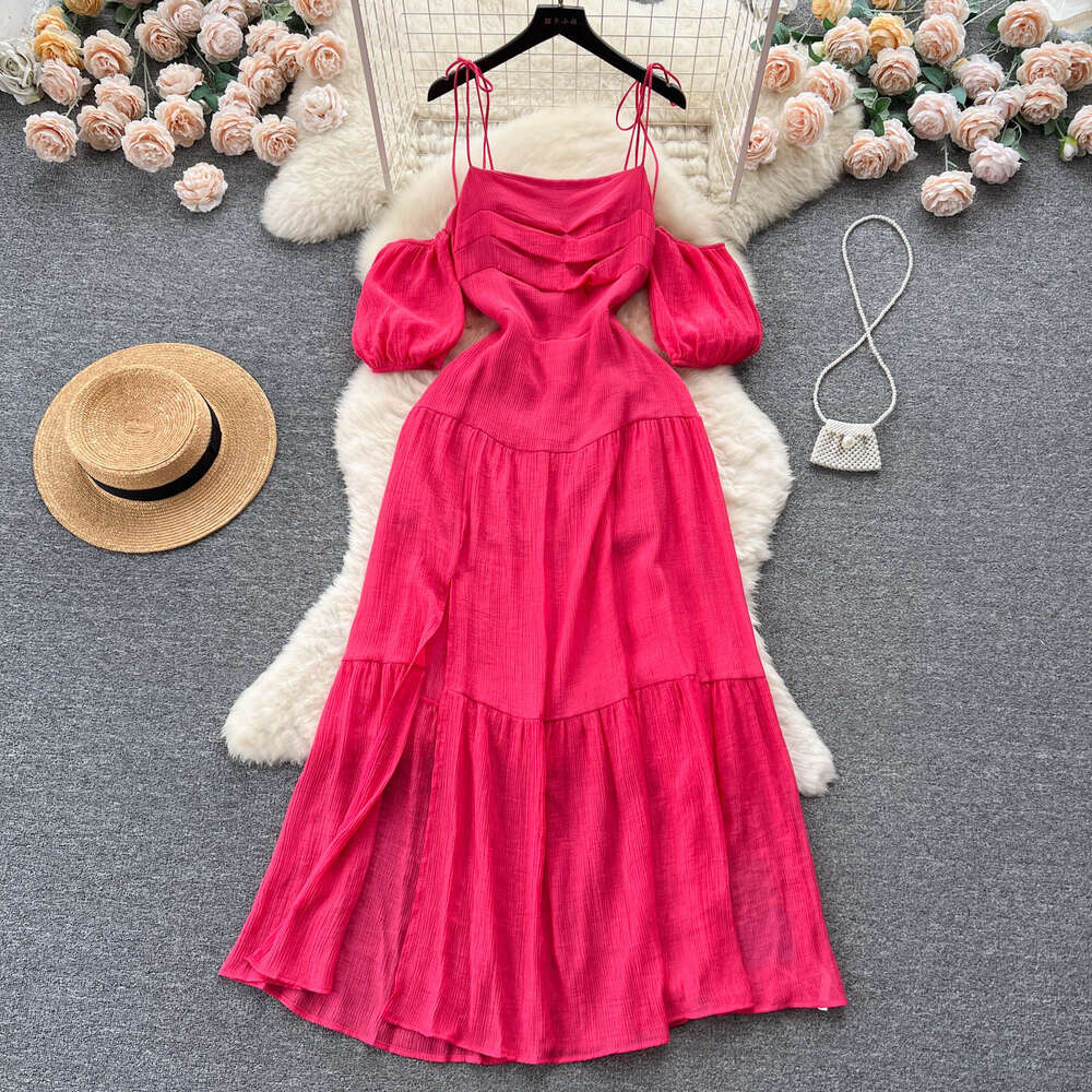 Beach resort style camisole dress for womens summer off shoulder bubble sleeves with slit design for a unique and beautiful beach skirt