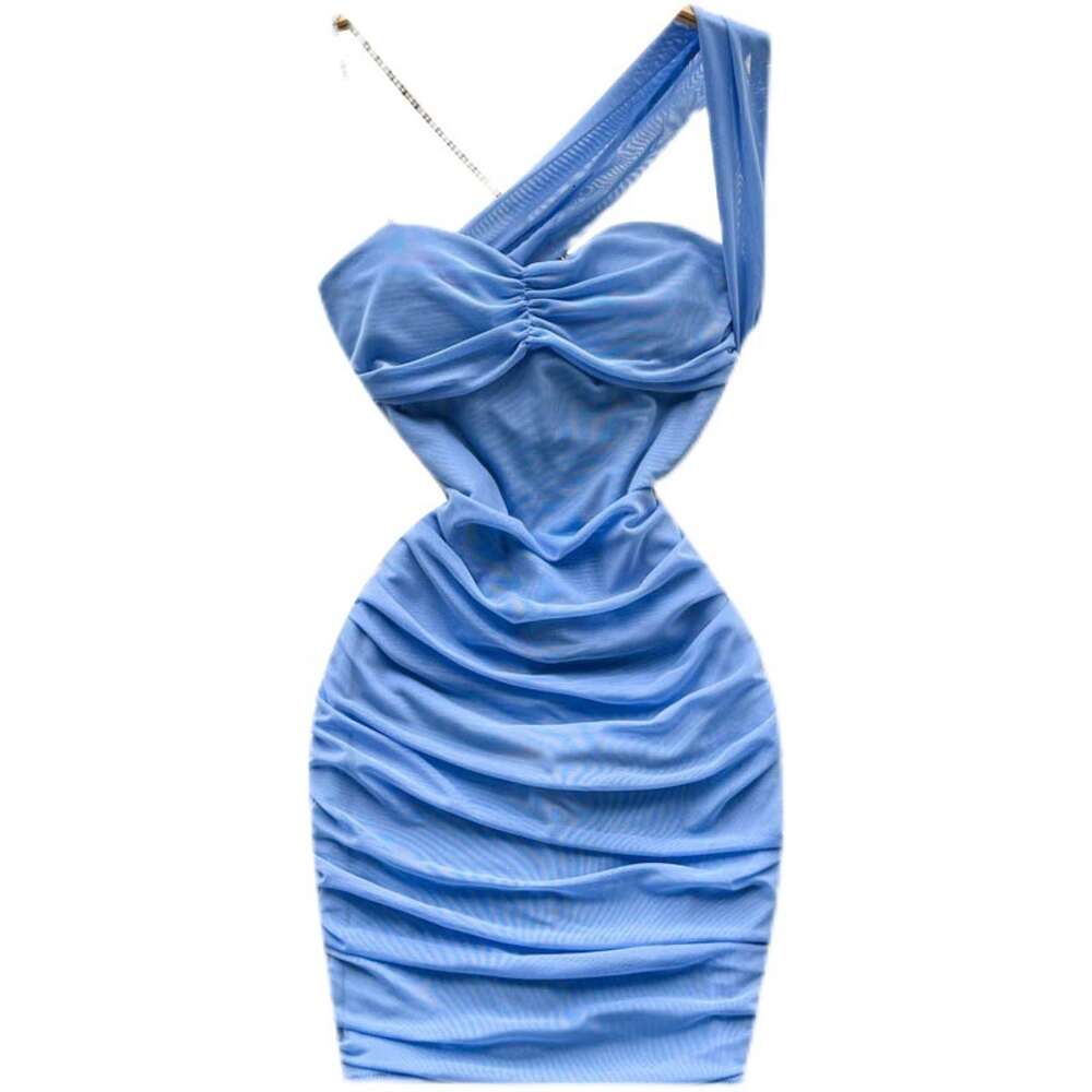 Hanging neck mesh pleated off the shoulder buttocks wrapped sexy dress womens bra design unique waist cinching spicy girl skirt trend