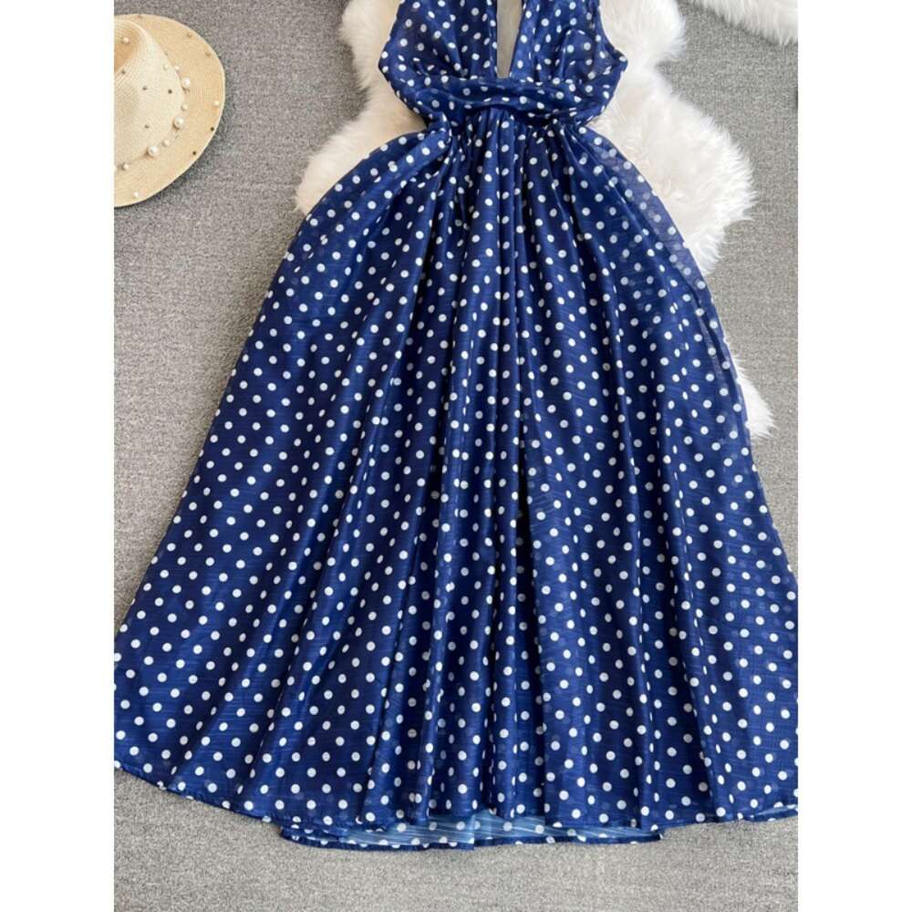 High end and socialite temperament hanging neck backless waist cinched slimming A-line polka dot chiffon dress seaside vacation long dress