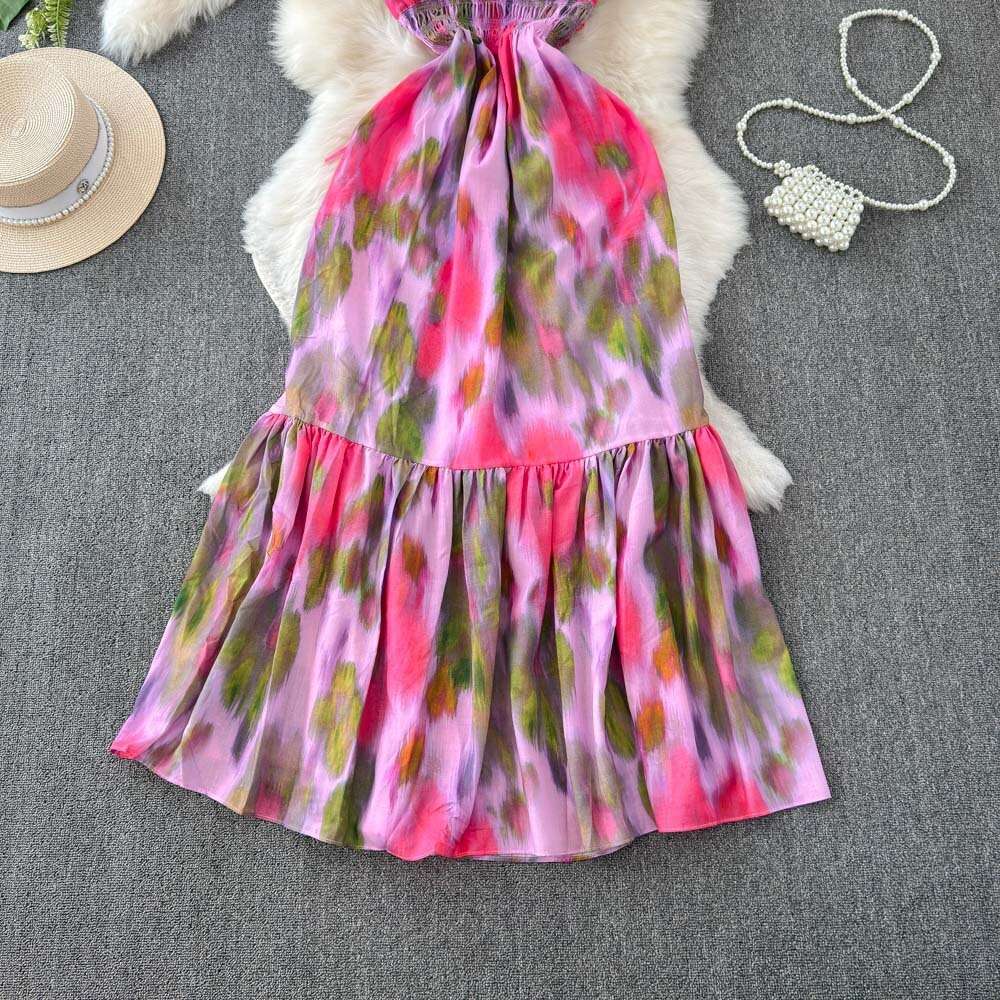 Travel photo vacation long dress goddess style sexy backless elastic waistband slim and long style ruffled edge skirt halo dyed dress