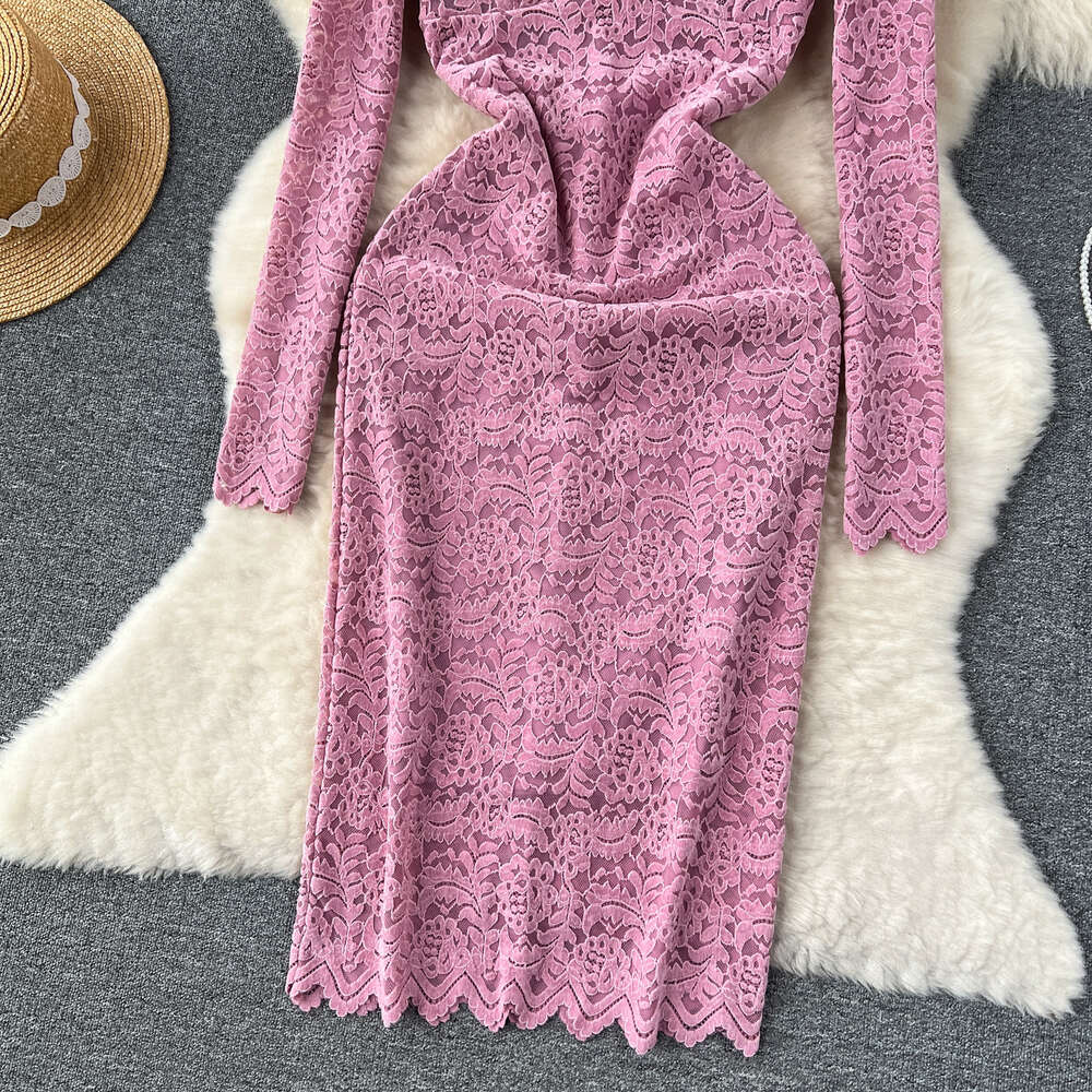 Light mature style womens clothing temperament V-neck slim fit mid length lace bottom skirt 2024 spring long sleeved dress for women