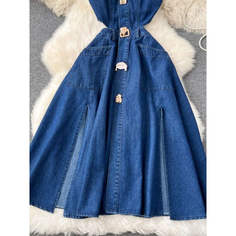 Chic denim dress womens design sense button cut hollow slim fit mid length slit over knee skirt