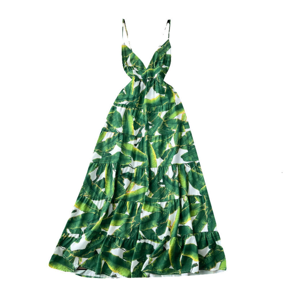 Instagram vacation style tropical print sexy backless camisole dress for womens high-end feeling deep V-neck slim fit long skirt
