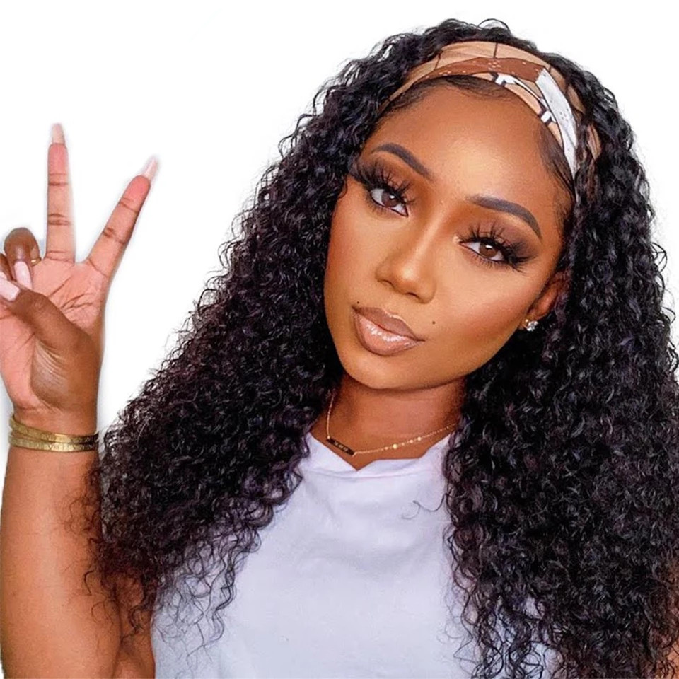 New Headband Wigs for Black Women Human Hair Wigs 150%density None Lace Front Wigs Brazilian water wave curly Virgin Hair Machine Made Full Headband W