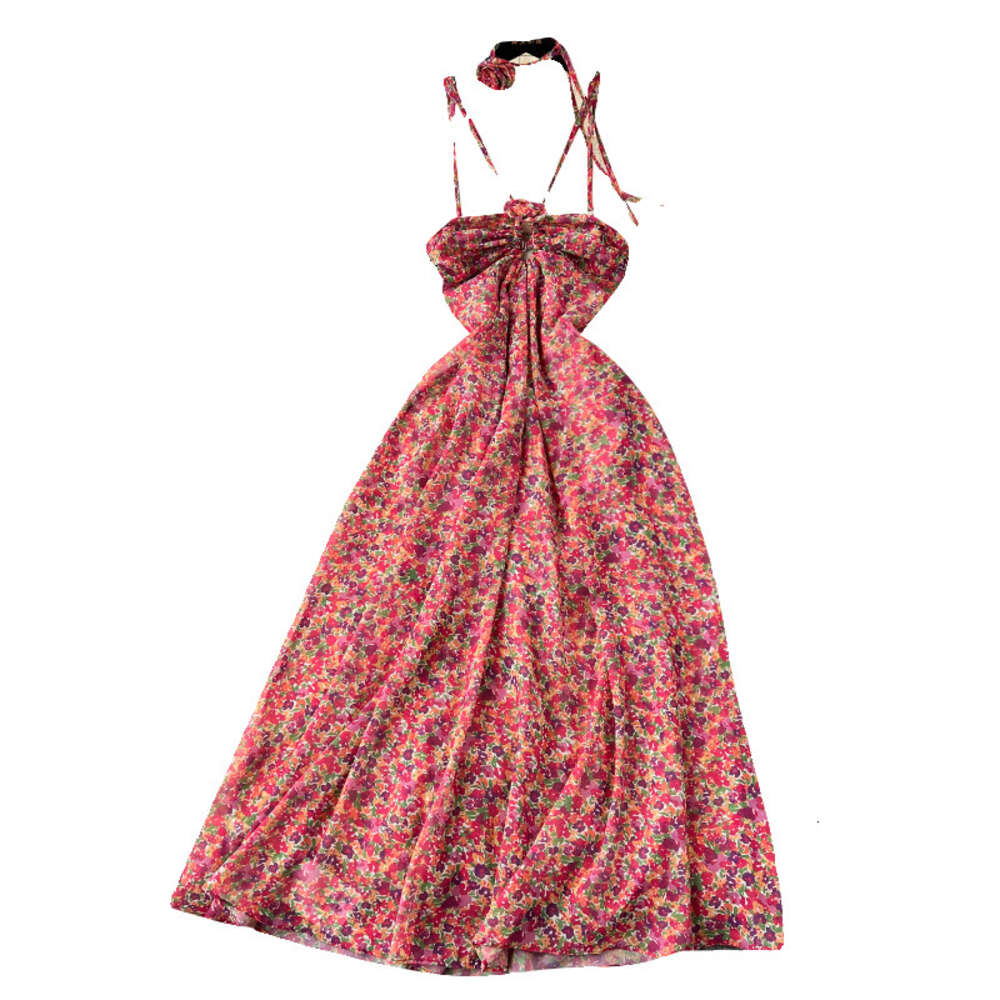 Tea break French style dress womens design sense three-dimensional flower hanging neck suspender skirt sexy strapless slim fit long floral skirt
