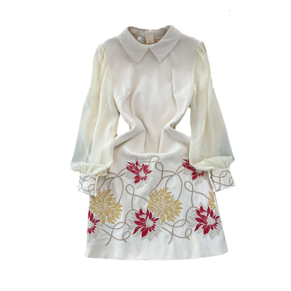 Fashionable and high-end socialite temperament mesh splicing long sleeved lapel waist cinching slimming A-line embroidered dress