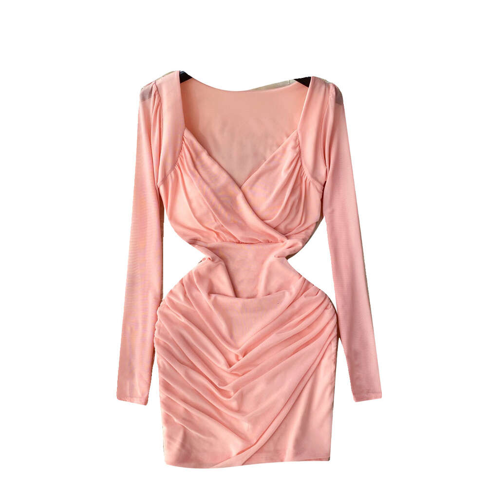 Pure desire spicy girl style high-end feeling dress for women in autumn and winter V-neck waist cinching mesh design niche and stunning hip wrap skirt