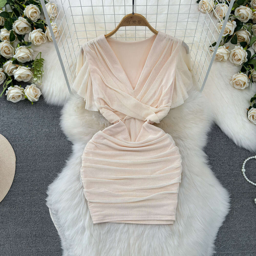 Fashionable and Sexy Flying Sleeves V-neck Low cut Waist Slimming Elastic Tight Wrap Hip Fold Mesh Bottom Dress