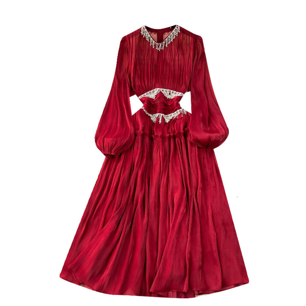 2024 Spring Fashion New French Luxury Small Fragrant Wind with Western Diamonds Tassels and Bright Silk Waist Length Dress Trend