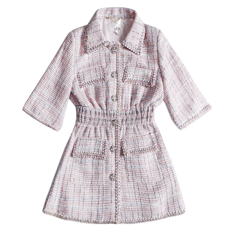 Autumn Women High Quality Tweed Short Dress Jacket Slim Waist Pocket Elegant Vintage Pink Single Breasted Dress Female S-L 240529